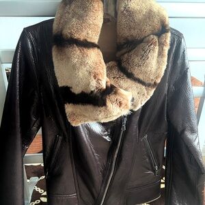 Genuine Shearling women’s shiny jacket brown -burgundy color size 4-6 ,warm